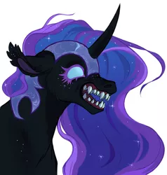 Size: 1280x1343 | Tagged: safe, artist:switchsugar, derpibooru import, nightmare moon, alicorn, pony, cheek fluff, ear fluff, floppy ears, image, jpeg, scary, sharp teeth, simple background, snarling, solo, teeth, white background