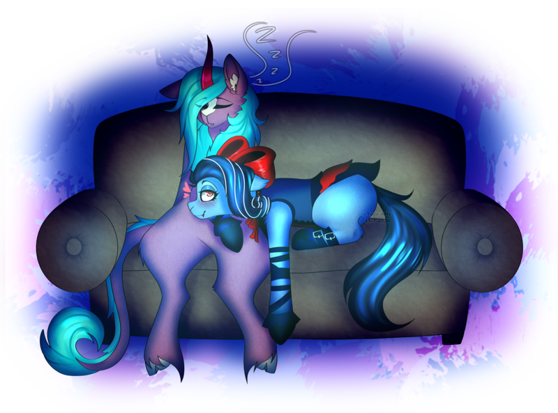 Size: 4963x3678 | Tagged: safe, artist:tuzz-arts, derpibooru import, oc, oc:selketo, oc:valentora, unofficial characters only, bat pony, kirin, pony, wingless bat pony, blushing, bow, buckle, clothes, couch, couple, curly mane, dress, eyes closed, fangs, head on hoof, heart, image, looking at you, lying down, married couple, png, simple background, sleeping, smiling, smiling at you, striped mane, tail fluff, transparent background, wingless