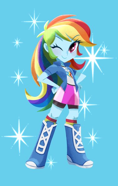 Size: 1294x2048 | Tagged: safe, artist:binco_293, derpibooru import, rainbow dash, equestria girls, beautiful, blue background, blue skin, cute, dashabetes, female, hand on hip, human coloration, image, jpeg, looking at you, multicolored hair, one eye closed, pink eyes, rainbow hair, simple background, solo, sparkles, wingding eyes, wink, woman