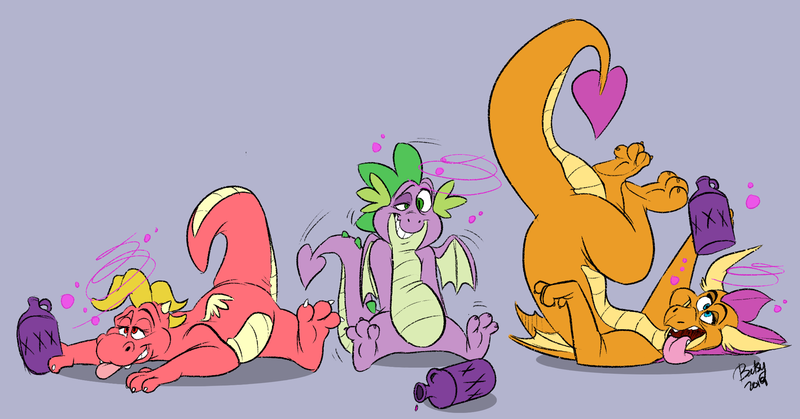 Size: 2224x1166 | Tagged: safe, artist:dodgyrommer, derpibooru import, smolder, spike, dragon, cassie (dragontales), commissioner:foxlover91, crossover, dragon tales, dragoness, drunk, drunker smolder, drunker spike, female, image, male, png, purple background, simple background, tongue out, trio, winged spike