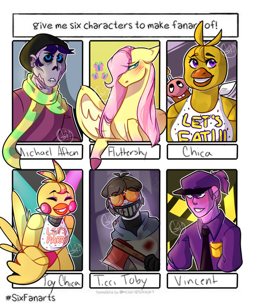 Size: 1660x2000 | Tagged: safe, artist:gnomehuts, derpibooru import, fluttershy, human, pegasus, pony, six fanarts, animatronic, axe, bust, chica, clothes, crossover, cupcake, face mask, female, five nights at freddy's, food, hat, image, jpeg, male, mare, mask, michael afton, necktie, purple guy, scarf, ticci-toby, toy chica, weapon