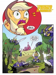 Size: 768x1024 | Tagged: safe, artist:sara pitre-durocher, derpibooru import, idw, applejack, spoiler:comic, spoiler:friendship in disguise, spoiler:friendship in disguise04, barrage, bombshell, chop shop, friendship in disguise, image, insecticons, jpeg, kickback, preview, ransack, shrapnel, transformers, venom (insecticon)