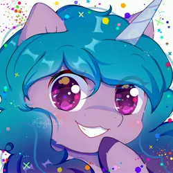 Size: 4000x4000 | Tagged: safe, artist:emyjk, derpibooru import, izzy moonbow, pony, unicorn, art, blushing, cute, digital art, female, g5, grin, illustration, image, izzybetes, jpeg, looking at you, smiling, solo, teeth, unshorn fetlocks