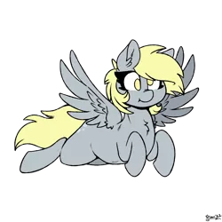 Size: 1600x1600 | Tagged: safe, artist:skoon, derpibooru import, derpy hooves, pegasus, chest fluff, derpibooru exclusive, female, flying, image, png, signature, simple background, smiling, solo, spread wings, strabismus, transparent background, wings