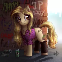 Size: 1299x1299 | Tagged: safe, artist:magfen, derpibooru import, oc, oc:sweet amber, unofficial characters only, earth pony, pony, can, cigarette, clothes, ear piercing, earring, female, graffiti, image, jewelry, jpeg, mare, necklace, piercing, shirt, solo