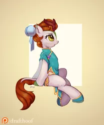 Size: 1035x1250 | Tagged: safe, artist:drafthoof, derpibooru import, autumn blaze, kirin, alternate hairstyle, bipedal, blushing, chinese dress, clothes, dress, female, image, jpeg, patreon, patreon logo, profile, simple background, sitting, solo