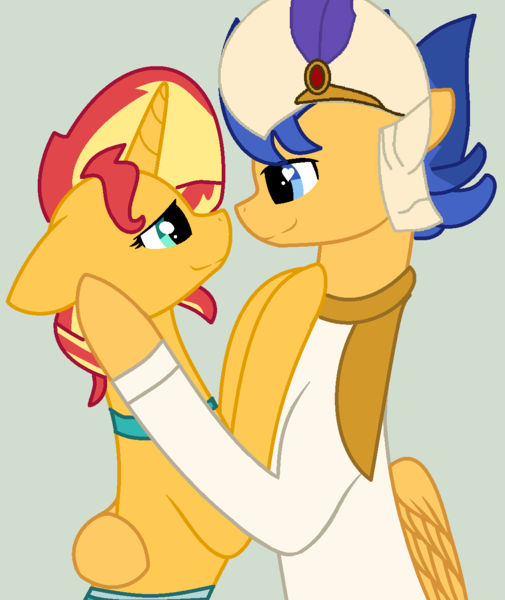 Size: 1098x1304 | Tagged: safe, artist:jadethepegasus, derpibooru import, flash sentry, sunset shimmer, aladdin, female, flashimmer, image, jasmine, male, png, shipping, straight