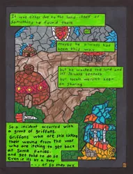 Size: 2503x3269 | Tagged: safe, artist:oatmeal155, derpibooru import, gryphon, comic:oat.meal, backstory, blades, comic, dialogue, exposition, image, jpeg, knife, stained glass, traditional art, village