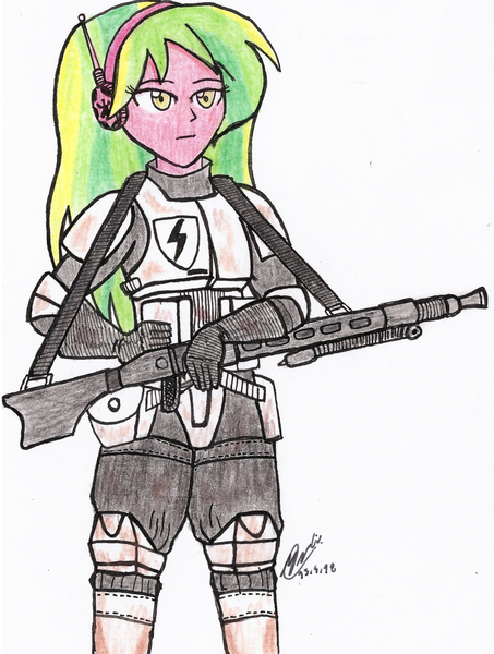 Size: 4304x5704 | Tagged: safe, artist:atisuto17, derpibooru import, lemon zest, equestria girls, colored, gun, headphones, image, png, rifle, scout trooper, sniper rifle, solo, star wars, traditional art, weapon