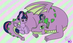 Size: 900x528 | Tagged: safe, artist:snooziiee, derpibooru import, spike, twilight sparkle, twilight sparkle (alicorn), oc, oc:harmony (snooziiee), alicorn, dracony, dragon, hybrid, pony, family, father and child, father and daughter, female, filly, foal, husband and wife, image, interspecies offspring, jpeg, male, mare, mother and child, mother and daughter, offspring, older, older spike, parent:spike, parent:twilight sparkle, parents:twispike, shipping, straight, twispike