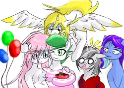 Size: 5102x3644 | Tagged: safe, artist:linasnake, derpibooru import, oc, oc:dreamer skies, oc:sparkle fase, oc:sweetie shy, unofficial characters only, alicorn, lamia, original species, pegasus, pony, snake, snake pony, unicorn, absurd resolution, alicorn oc, anime eyes, anime style, balloon, birthday, biting, celebration, chest fluff, clothes, coils, ear bite, flying, gift art, group, halfbody, happy, horn, hug, huggies, image, multicolored hair, one eye closed, open mouth, pegasus oc, png, pony oc, present, simple background, smiling, surprised, unicorn oc, unknown pony, white background, wings