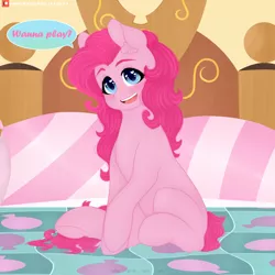 Size: 3840x3840 | Tagged: safe, artist:rise_of_evil_69, derpibooru import, pinkie pie, earth pony, pony, big eyes, blanket, blushing, dialogue, ear fluff, female, heart eyes, image, looking at you, mare, missing cutie mark, open mouth, patreon, patreon logo, pillow, png, sexy, sitting, smiling, smiling at you, solo, wingding eyes