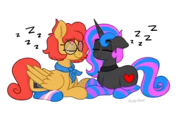 Size: 3220x2200 | Tagged: safe, artist:pink-pone, derpibooru import, oc, oc:salty smiles, oc:snappes shot, unofficial characters only, pegasus, pony, unicorn, clothes, female, glasses, image, lesbian, lying down, mare, png, pride, pride flag, prone, simple background, sleeping, socks, striped socks, transgender, transgender pride flag, transparent background