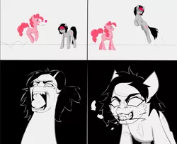 Size: 1064x866 | Tagged: safe, artist:owlnon, derpibooru import, pinkie pie, oc, oc:miss eri, earth pony, pony, angry, biting, blood, comic, cute, diapinkes, edgy, eyes closed, fangs, female, floppy ears, frown, glare, glowing eyes, gritted teeth, heart, image, jumping, mare, mouth hold, open mouth, png, pronking, sharp teeth, simple background, smiling, teeth, white background