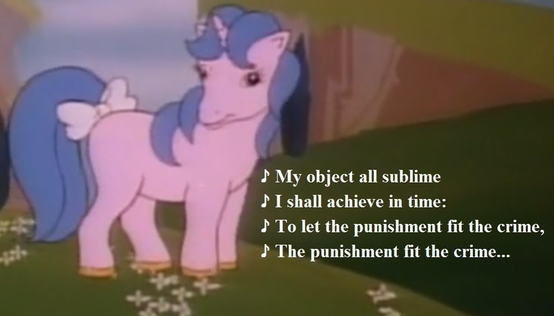Size: 931x532 | Tagged: safe, derpibooru import, edit, edited screencap, screencap, majesty, my little pony 'n friends, the golden horseshoes, bow, cropped, g1, gilbert and sullivan, horseshoes, image, lyrics, png, song reference, tail bow, text