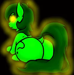 Size: 591x593 | Tagged: suggestive, artist:lockhe4rt, artist:mellow91, derpibooru import, edit, oc, oc:anonfilly, oc:the supreme being, pony, butt, dock, female, filly, frown, glowing eyes, image, looking away, lying down, plot, png, possessed, prone, solo, the ass was fat, yellow eyes