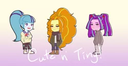 Size: 900x469 | Tagged: safe, artist:amazingpuffhair, derpibooru import, adagio dazzle, aria blaze, sonata dusk, equestria girls, blushing, boots, chibi, clothes, converse, crossed arms, female, gradient background, image, jacket, jpeg, no nose, open mouth, scarf, shoes, smiling, sneakers, standing, sticker, sweater, the dazzlings, trio