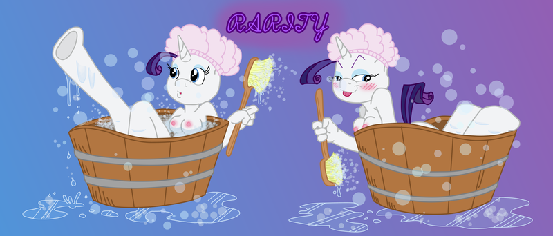 Size: 2533x1084 | Tagged: questionable, artist:circe, derpibooru import, edit, editor:mega-spark, rarity, anthro, unguligrade anthro, unicorn, bath, bath brush, bathtub, breasts, brush, bubble, bubble bath, dirty thoughts, female, gradient background, hat, holding, image, leg in air, lewd, looking back, looking up, nipples, nudity, partially submerged, png, scrub brush, shower cap, solo, text, water, wooden tub
