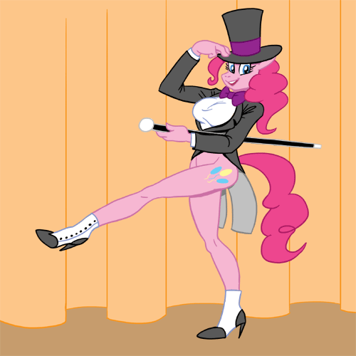 Size: 500x500 | Tagged: suggestive, artist:carelessdoodler, derpibooru import, pinkie pie, anthro, earth pony, plantigrade anthro, bottomless, breasts, busty pinkie pie, cane, clothes, cutie mark, digital art, female, hat, high heels, image, magician outfit, michigan j. frog, partial nudity, png, shoes, simple background, solo, solo female, tail, thighs, top hat, wide hips