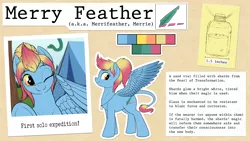 Size: 5333x3000 | Tagged: safe, artist:suspega, derpibooru import, oc, oc:merrifeather, pegasus, pony, blue coat, cutie mark, image, implied reformation, implied vore, jewelry, leonine tail, looking at camera, necklace, pegasus oc, png, polaroid, profile, reference sheet, sand, scrapbook, smiling, solo, spread wings, tent, two toned mane, two toned wings, underhoof, vial, waving, wings