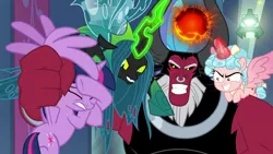 Size: 1920x1080 | Tagged: safe, derpibooru import, screencap, cozy glow, lord tirek, queen chrysalis, twilight sparkle, twilight sparkle (alicorn), alicorn, centaur, changeling, changeling queen, pony, the ending of the end, alicornified, archenemies, attempted murder, bell, cozycorn, evil, evil grin, female, filly, frown, glowing horn, grin, grogar's bell, horn, image, legion of doom, magic, male, mare, pain, png, race swap, scared, slasher smile, smiling, ultimate chrysalis, wince, wing grab