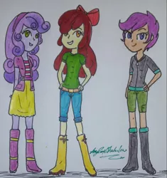 Size: 1355x1443 | Tagged: safe, artist:amyrosexshadowlover, derpibooru import, apple bloom, scootaloo, sweetie belle, equestria girls, boots, bow, clothes, cutie mark crusaders, hair bow, hand on hip, image, jpeg, shoes, shorts, signature, skirt, smiling, traditional art