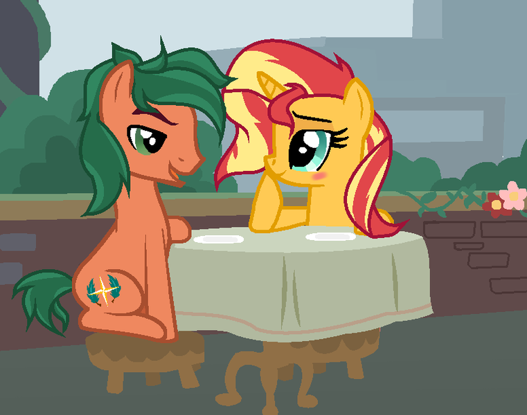 Size: 776x612 | Tagged: safe, artist:kucysia123, derpibooru import, sunset shimmer, timber spruce, ponified, earth pony, pony, unicorn, base used, female, image, male, png, shipping, straight, table, timbershimmer