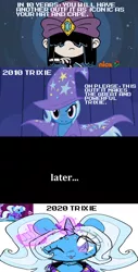 Size: 1024x2015 | Tagged: safe, artist:bunxl, artist:mega-poneo, derpibooru import, edit, edited screencap, screencap, trixie, human, pony, unicorn, boast busters, alternate hairstyle, babysitter trixie, cape, clothes, comic, crossover, dialogue, female, game screencap, gameloft interpretation, hand, happy birthday mlp:fim, hat, hoodie, image, lucy loud, magic, magic hands, mare, meme, mlp fim's tenth anniversary, one eye closed, png, screencap comic, the loud house, trixie's cape, trixie's hat, wink