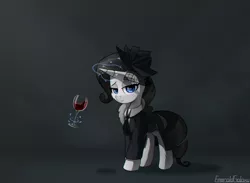 Size: 2600x1900 | Tagged: safe, artist:emeraldgalaxy, derpibooru import, rarity, pony, unicorn, rarity investigates, alcohol, chromatic aberration, clothes, detective rarity, digital art, female, glass, image, looking at you, mare, noir, png, smiling, solo, technically advanced, veil, wine, wine glass