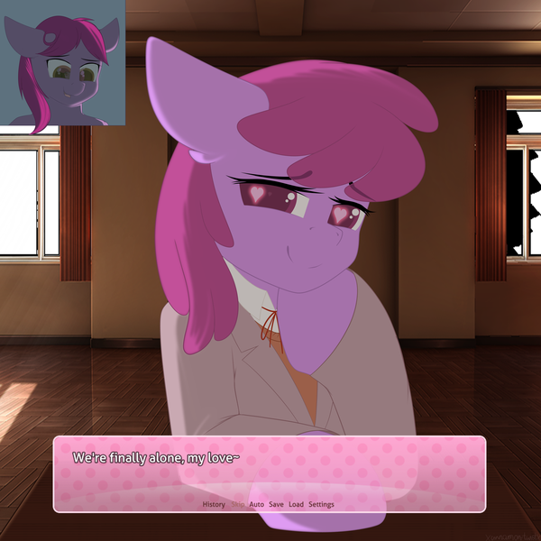 Size: 3000x3000 | Tagged: safe, artist:xcinnamon-twistx, derpibooru import, berry punch, berryshine, oc, earth pony, clothes, commission, curtains, cute, dialogue, doki doki literature club, dress, earth pony oc, heart, heart eyes, image, just monika, just monika pose, monika, png, school uniform, uniform, wingding eyes, yandere, ych result