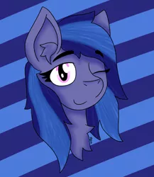 Size: 1726x1984 | Tagged: safe, artist:ryanthecone, derpibooru import, oc, oc:cuddly, earth pony, pony, abstract background, bust, commission, earth pony oc, image, one eye closed, png, portrait, wink