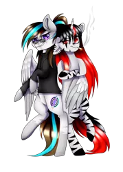 Size: 1998x2797 | Tagged: safe, artist:blitsazalisdash, artist:minelvi, derpibooru import, oc, unofficial characters only, pegasus, pony, unicorn, bipedal, cigarette, clothes, collaboration, duo, female, horn, image, mare, pegasus oc, png, simple background, smoking, sunglasses, transparent background, unicorn oc, wings