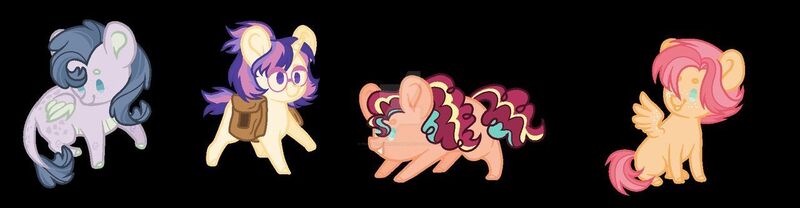 Size: 1280x333 | Tagged: safe, artist:thatboredanimereader, derpibooru import, oc, unofficial characters only, dracony, hybrid, pony, bag, black background, chibi, cute, glasses, image, interspecies offspring, jpeg, next generation, ocbetes, offspring, parent:big macintosh, parent:cheese sandwich, parent:flash sentry, parent:fluttershy, parent:pinkie pie, parent:rarity, parent:spike, parent:twilight sparkle, parents:cheesepie, parents:flashlight, parents:fluttermac, parents:sparity, simple background