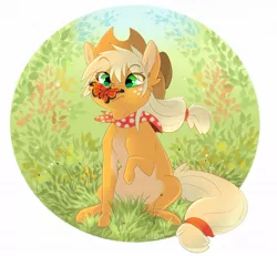 Size: 1280x1183 | Tagged: safe, artist:k_i_d_a_original, derpibooru import, applejack, butterfly, earth pony, insect, pony, applejack's hat, cowboy hat, cute, eye clipping through hair, female, filly, filly applejack, freckles, grass, hat, image, insect on nose, jackabetes, jpeg, neckerchief, signature, sitting, younger