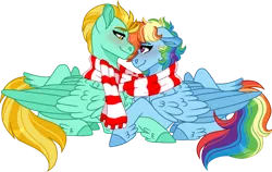 Size: 1024x646 | Tagged: safe, artist:artistcoolpony, derpibooru import, lightning dust, rainbow dash, pegasus, pony, clothes, commission, female, floppy ears, image, lesbian, looking at each other, lying down, mare, png, prone, rainbowdust, scarf, shared clothing, shared scarf, shipping, simple background, transparent background