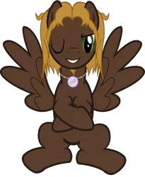 Size: 856x1044 | Tagged: safe, artist:raindashesp, derpibooru import, oc, oc:mellow rhythm, unofficial characters only, pegasus, pony, derpibooru community collaboration, 2021 community collab, beard, crossed hooves, facial hair, image, jewelry, looking at you, male, necklace, one eye closed, png, simple background, solo, spread wings, transparent background, wings, wink, winking at you