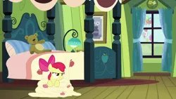 Size: 1280x720 | Tagged: safe, derpibooru import, screencap, apple bloom, pinkie pie, earth pony, pony, bloom and gloom, animal costume, chicken pie, chicken suit, clothes, costume, female, filly, image, mare, png