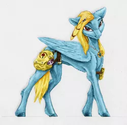 Size: 2398x2373 | Tagged: safe, artist:joestick, derpibooru import, editor:vedont, oc, oc:brave blossom, unofficial characters only, pegasus, pony, fanfic:yellow feathers, bag, colored, feather, female, high res, image, jewelry, jpeg, saddle bag, solo