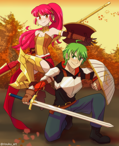 Size: 899x1100 | Tagged: safe, artist:riouku, derpibooru import, apple bloom, spike, human, anime, armor, boots, clothes, commission, cosplay, costume, crossover, female, humanized, image, jaune arc, male, pants, png, pyrrha nikos, rooster teeth, rwby, shipping, shoes, spikebloom, straight, sword, weapon