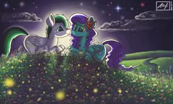 Size: 854x512 | Tagged: safe, artist:dreamyskies, derpibooru import, oc, oc:aquashock, oc:dreamer skies, unofficial characters only, firefly (insect), insect, pegasus, pony, accessory, derpibooru exclusive, detailed background, dreamy, female, field, flower, happy, image, looking at each other, male, moonlight, night, oc x oc, pegasus oc, png, river, romantic, scenery, shipping, signature, sitting, sky, stars, wings