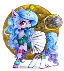 Size: 1569x1756 | Tagged: safe, artist:lailyren, derpibooru import, izzy moonbow, pony, unicorn, clothes, cute, female, g5, horn, horn guard, horn impalement, hornball, image, izzy's tennis ball, izzybetes, jpeg, looking at you, mare, mouth hold, one eye closed, raised hoof, signature, skirt, socks, solo, tennis ball, tennis racket, traditional art, wink, wristband