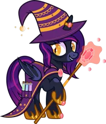 Size: 4000x4653 | Tagged: safe, alternate version, artist:n0kkun, derpibooru import, oc, oc:gloomy spirit (witch), unofficial characters only, alicorn, bat pony, bat pony alicorn, pony, alicorn oc, bags under eyes, bat pony oc, bat wings, beaker, cape, clothes, fangs, female, gem, glass, grin, hat, hoof hold, hoof shoes, horn, horn ring, image, jewelry, mare, markings, png, potion, ring, robe, simple background, smiling, solo, staff, transparent background, wings, witch, witch costume, witch hat