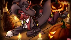 Size: 2550x1443 | Tagged: safe, artist:wwredgrave, derpibooru import, oc, oc:sylvania karmesin, pony, unicorn, boots, candle, clothes, collar, commission, corset, cosplay, costume, fangs, female, halloween, halloween 2020, halloween costume, hat, holiday, hooves, horn, image, jack-o-lantern, jacket, jpeg, lantern, leather, leather boots, leather jacket, light, looking at you, open mouth, pumpkin, shoes, show accurate, smiling, solo, unicorn oc, witch, witch costume, witch hat, ych result