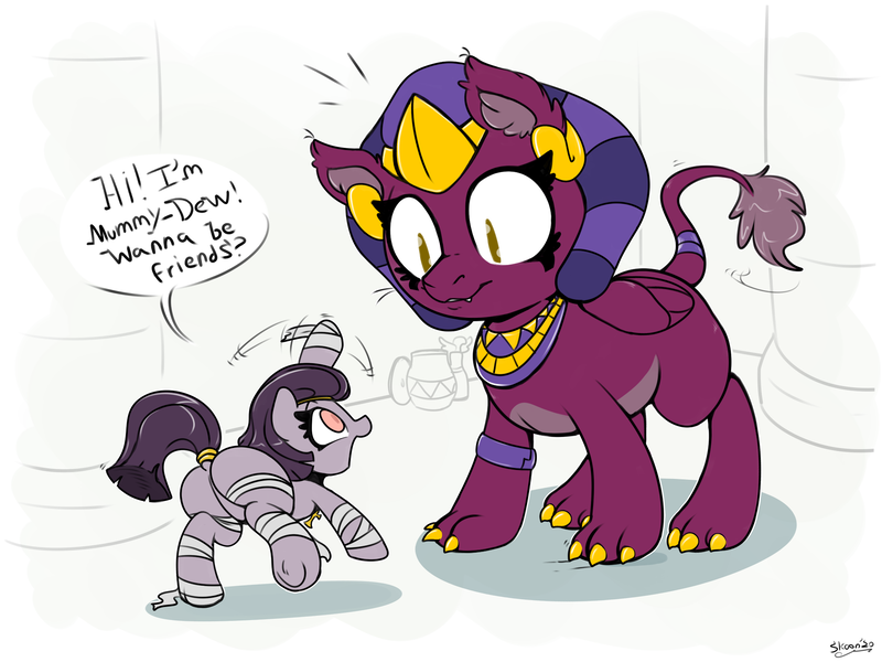 Size: 2000x1500 | Tagged: safe, artist:skoon, derpibooru import, sphinx (character), oc, oc:mummydew, earth pony, pony, sphinx, undead, butt, clumsy, colored pinnae, cute, excited, female, filly, image, kitten, mummy, plot, png, waving