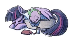 Size: 1200x667 | Tagged: safe, artist:rainspeak, derpibooru import, spike, twilight sparkle, twilight sparkle (alicorn), alicorn, dragon, pony, cute, eyes closed, hot water bottle, image, jpeg, mama twilight, sick, sleeping, spikabetes, spikelove, thermometer, tired, twiabetes, wing blanket, wing shelter