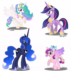 Size: 1080x1080 | Tagged: safe, artist:luna.queex, derpibooru import, princess cadance, princess celestia, princess luna, princess twilight 2.0, twilight sparkle, twilight sparkle (alicorn), alicorn, pony, the last problem, bedroom eyes, bow, crown, ethereal mane, eyelashes, female, flying, grin, hair bow, hoof shoes, horn, image, jewelry, jpeg, mare, older, older twilight, open mouth, peytral, raised hoof, rearing, regalia, signature, simple background, smiling, starry mane, tiara, wings
