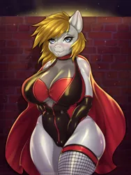 Size: 960x1280 | Tagged: suggestive, artist:rebrokota, derpibooru import, oc, unofficial characters only, anthro, earth pony, big breasts, blushing, bra, breasts, cape, clothes, commission, digital art, female, fishnets, gloves, image, jpeg, long gloves, looking at you, socks, solo, solo female, stockings, suit, thigh highs, thighs, underwear, wide hips, ych result