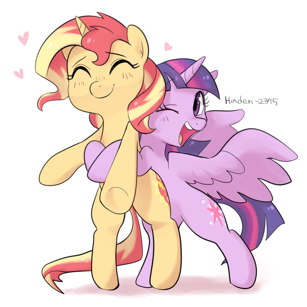 Size: 1000x1000 | Tagged: safe, artist:haden-2375, derpibooru import, sunset shimmer, twilight sparkle, twilight sparkle (alicorn), alicorn, pony, unicorn, bipedal, blushing, cute, eyes closed, female, floating heart, heart, hug, hug from behind, image, lesbian, mare, one eye closed, open mouth, png, shimmerbetes, shipping, simple background, smiling, spread wings, sunsetsparkle, twiabetes, white background, wings