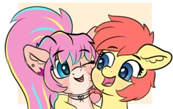 Size: 3628x2299 | Tagged: safe, artist:yelowcrom, derpibooru import, oc, oc:bijou butterfly, oc:brushie, unofficial characters only, earth pony, pony, blushing, ear piercing, female, heart, image, looking at each other, mare, multicolored mane, pale belly, piercing, png, reference sheet, simple background