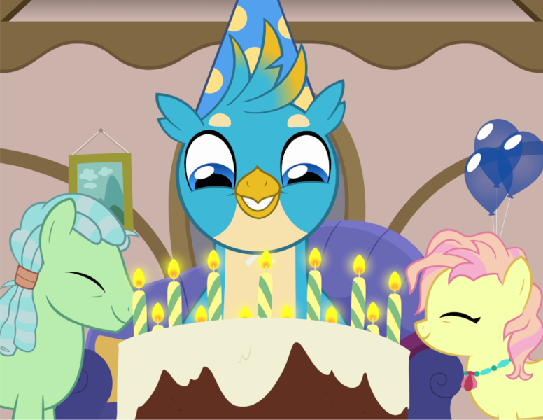 Size: 858x663 | Tagged: safe, artist:queencold, derpibooru import, beachcomber (g4), gallus, high tide (g4), earth pony, gryphon, pony, balloon, birthday cake, cake, candle, cute, female, food, gallabetes, happy, hat, image, male, mare, party hat, png, smiling, stallion